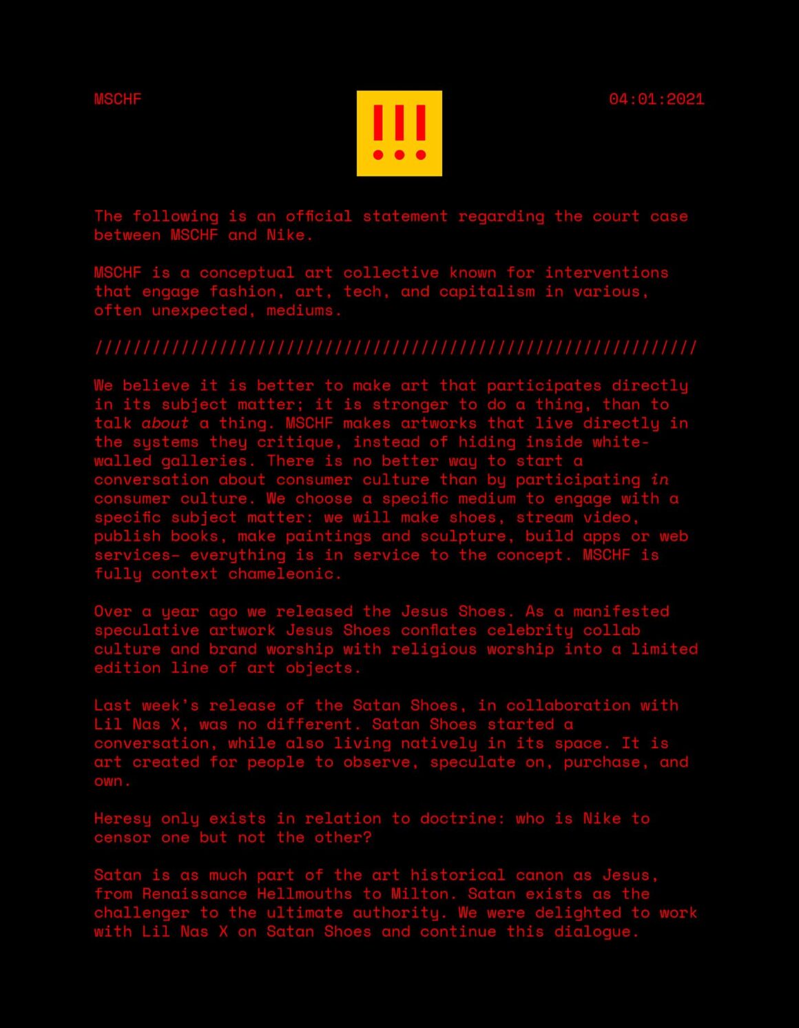 미스치프 x 릴 나스 엑스 사탄 슈즈, 성명서(MSCHF x Lil Nas X Satan Shoes, Statement)