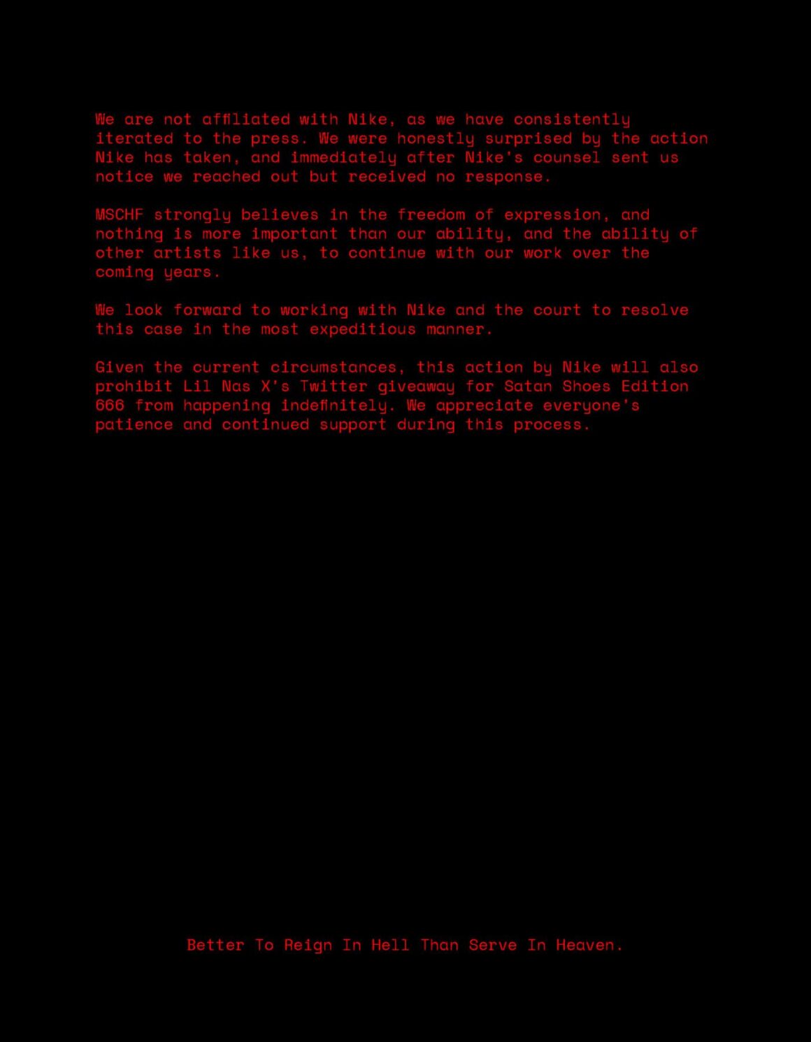 미스치프 x 릴 나스 엑스 사탄 슈즈, 성명서(MSCHF x Lil Nas X Satan Shoes, Statement)