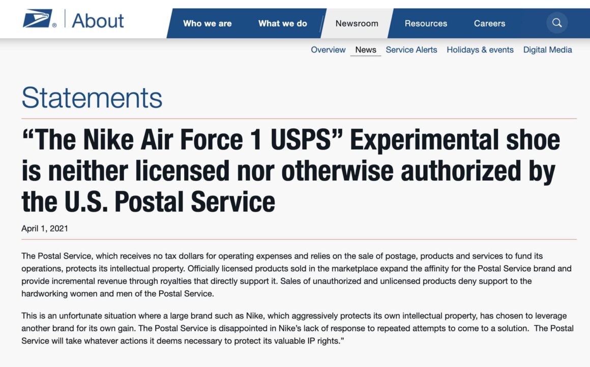 USPS 성명서 : The Nike Air Force 1 USPS statement