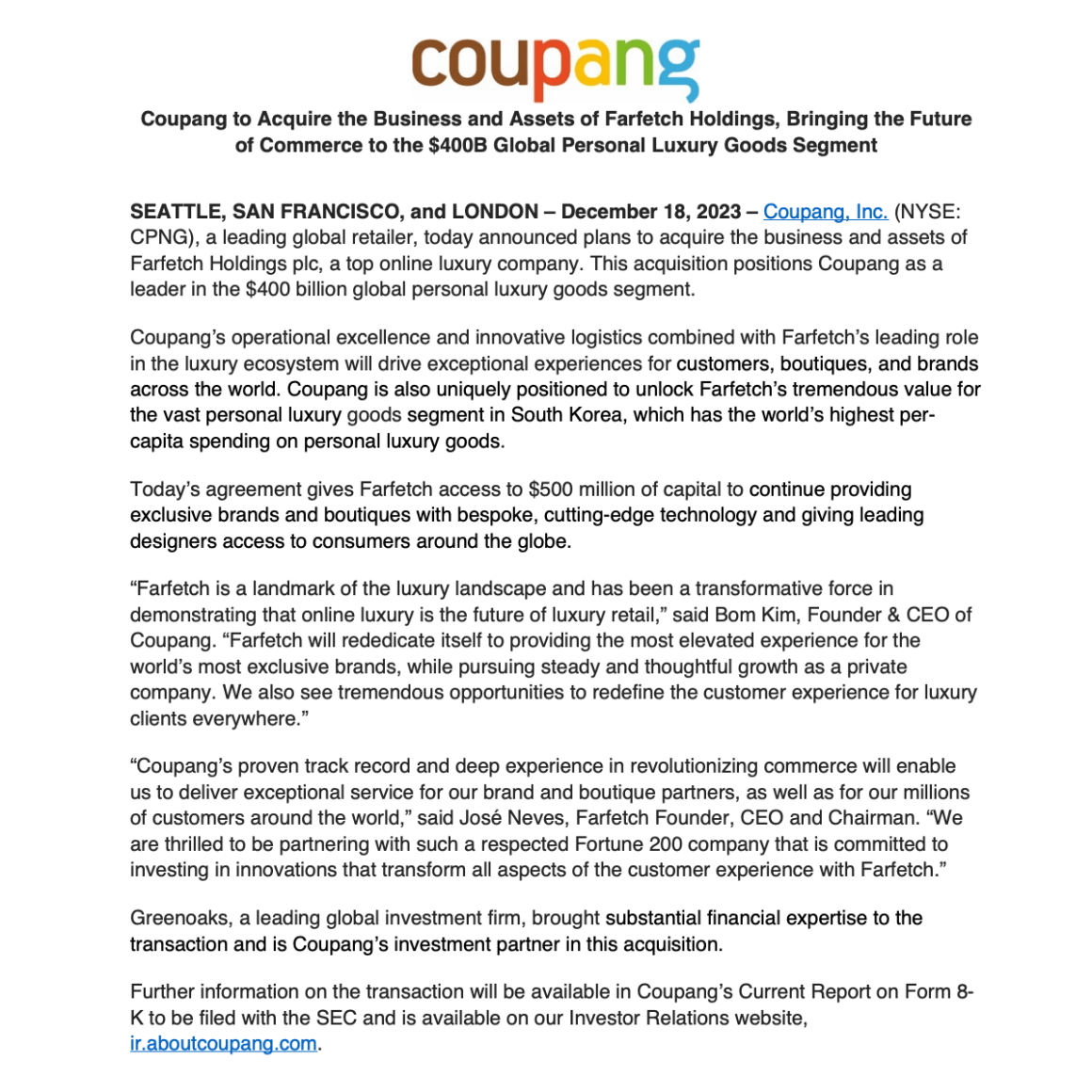 쿠팡의 파페치 인수 Coupang acquire Farfetch / from ir.aboutcoupang.com